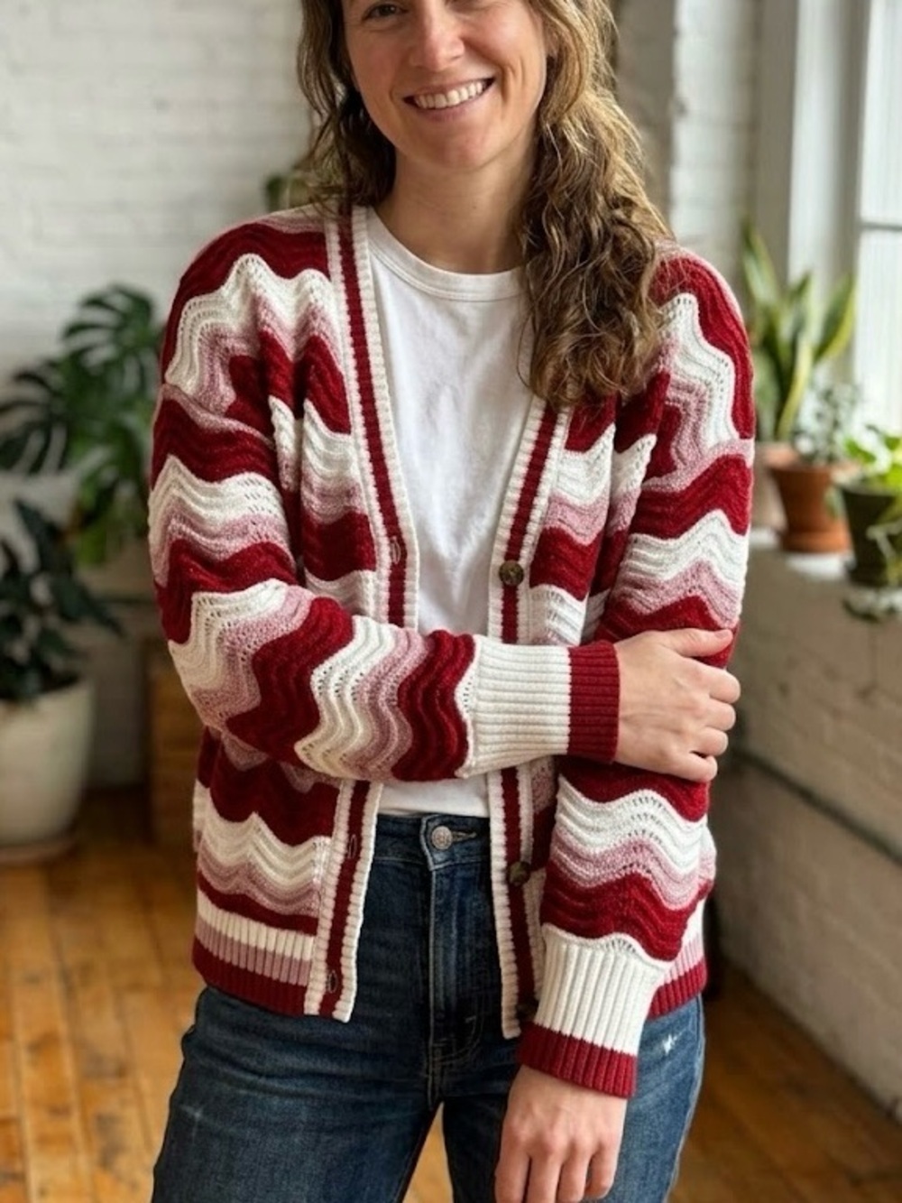 Maurices Red Pink White Chevron Stripe Cardigan Sweater Valentines Cottagecore